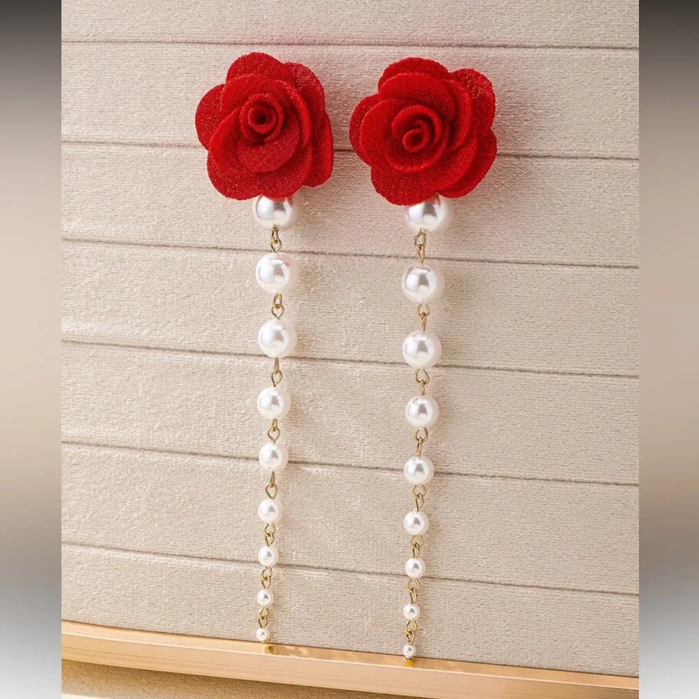 Forever Yours Red Rose Pearl Tassel Earrings NEW 🏷️